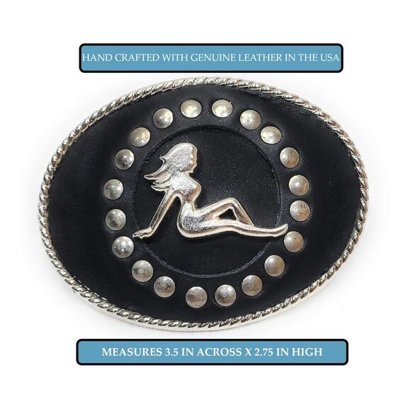 Mens LEATHER BELT BUCKLE with MUD FLAP LADY Biker Trucker 1.5" Made in USA - Picture 3 of 3